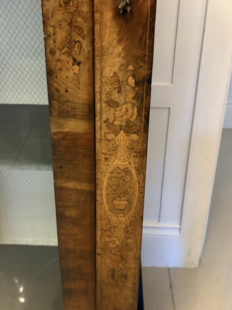 Antique Victorian Quality Figured Burr Walnut & Marquetry Inlaid Display Cabinet